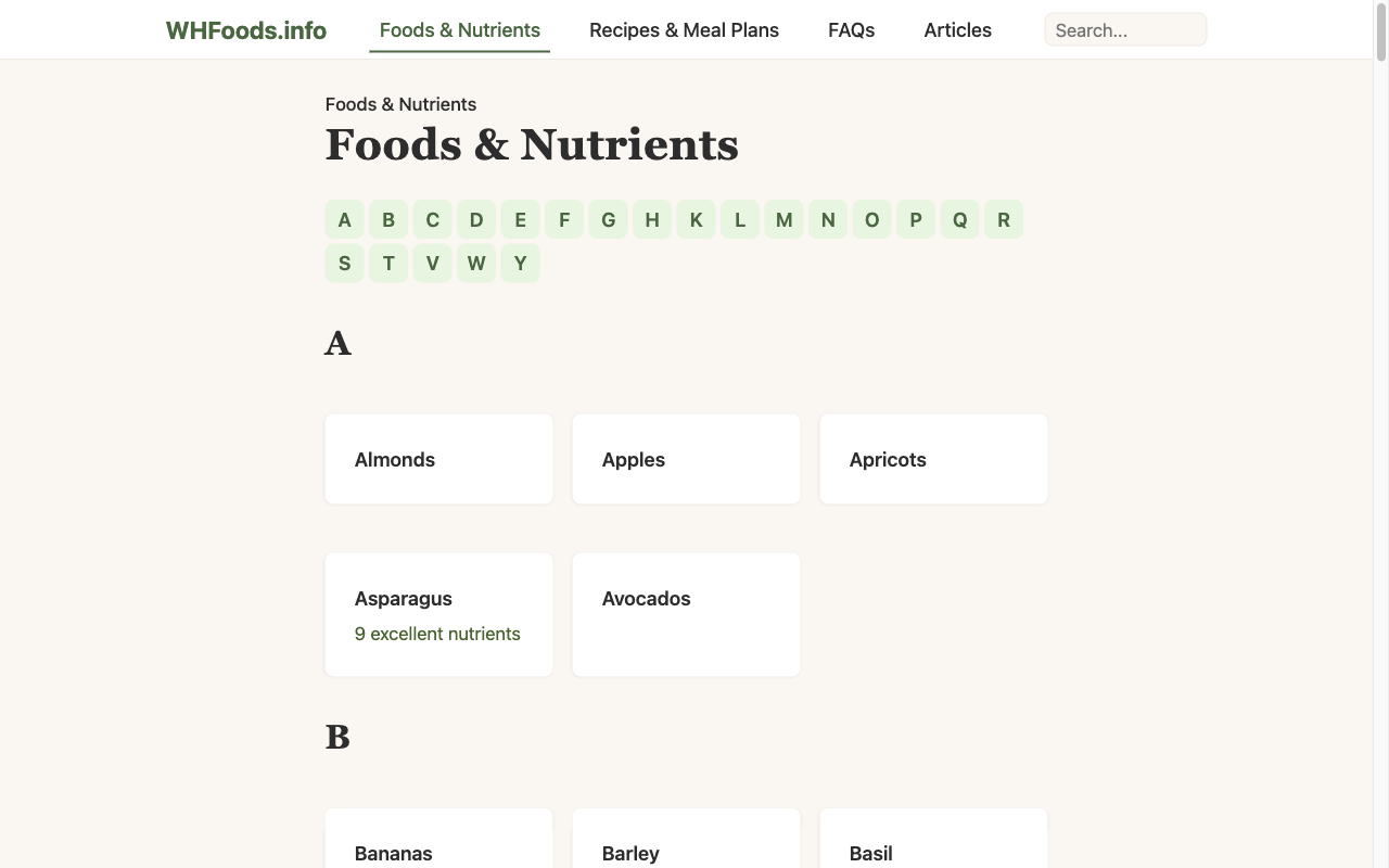 Foods index page showing 135 foods listed alphabetically with letter navigation at the top