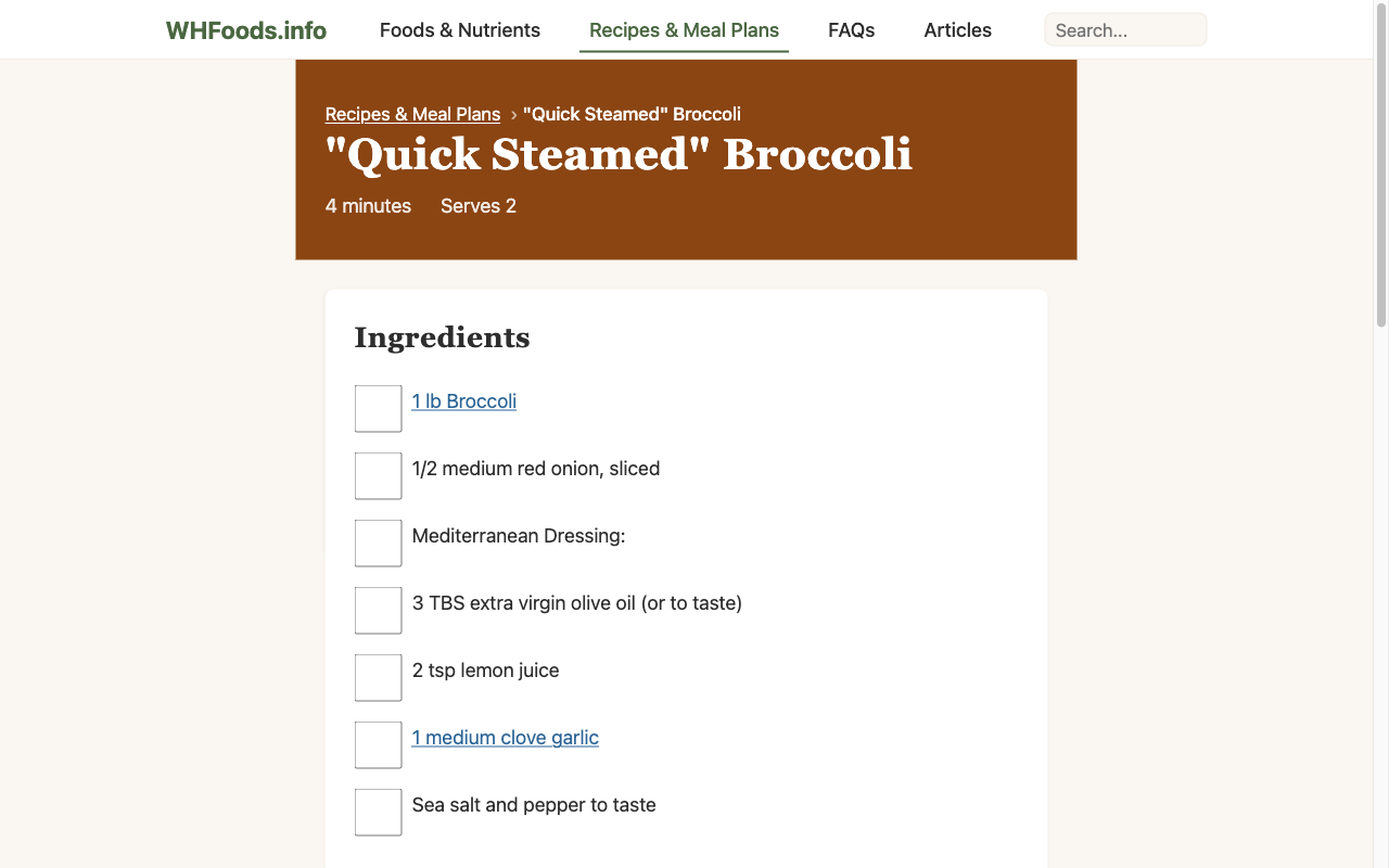 Recipe detail page showing ingredient list with quantities, numbered directions, and a link to the nutrition profile