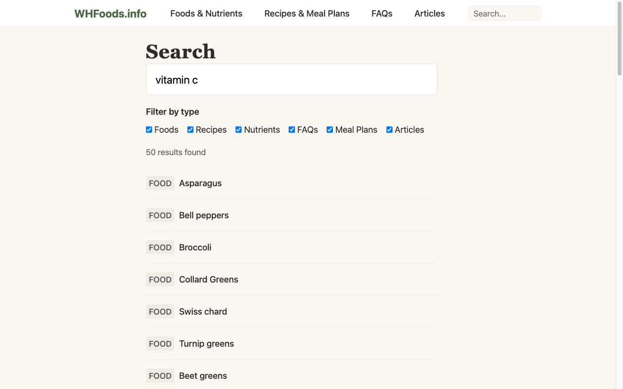 Search results page showing instant results across foods, recipes, and nutrients as the user types